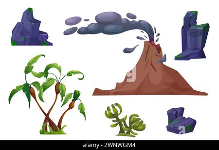 Éruption volcanique avec montagne volcanique active avec nuage de fumée de gaz , rochers, palmiers et plantes pour la création de paysage préhistorique. Kit de vecteur de dessin animé d'explosion de magma et d'éléments de nature. Illustration de Vecteur