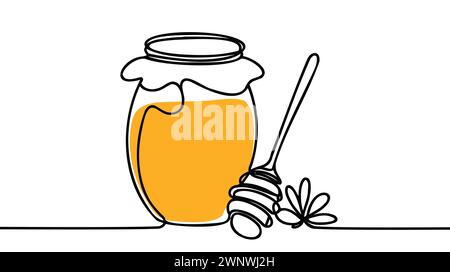 Une seule ligne dessinant du miel d'or naturel doux frais sur un pot en verre avec illustration graphique vectorielle de plongeur en bois. Concept de supplément biologique naturel Illustration de Vecteur