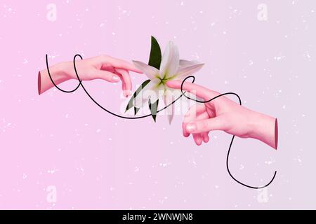 Photo art collage design contemporain de connexion de doigts de couple touchant belle fleur de lis isolé sur fond de couleur rose Banque D'Images