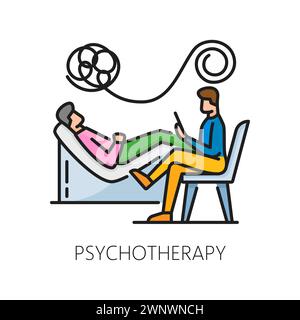 Psychothérapie, icône de santé mentale. Représentation linéaire vectorielle isolée d'un psychologue offrant un soutien et une guérison par la thérapie de la parole au client avec des pensées enchevêtrées couchées sur le canapé, promouvoir le bien-être Illustration de Vecteur