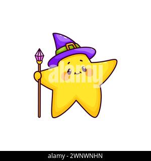 Dessin animé drôle personnage de sorcier d'étoile kawaii avec chapeau magique et canne. Mignon petit personnage vecteur étoile scintillant avec un visage heureux et un sourire joyeux. Emoji magicien superstar jaune vif, émoticône d'espace Illustration de Vecteur
