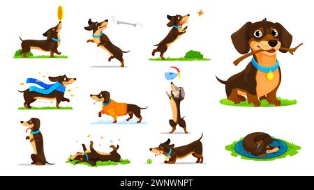 Dessin animé chien Tachshund chiot personnages activités et plaisir. Personnage doggy vectoriel jouant à l'extérieur avec une balle, une branche et une plaque volante, attrapant des os et pourchassant des papillons, portant des vêtements ou dormant Illustration de Vecteur