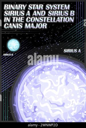 Affiche spatiale vectorielle, bannière astronomique verticale avec système d'étoiles binaires Sirius A et Sirius B sur fond étoilé noir, fantasy cos Illustration de Vecteur