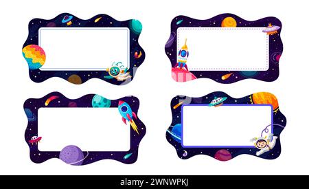 Dessins animés galaxie spatiale Kid cadres ou frontières avec paysage vectoriel de fusées, vaisseaux spatiaux OVNIS et planètes, astronautes et personnages extraterrestres sur fond de ciel étoilé. Ensemble de cadres spatiaux d'aventure galaxique Illustration de Vecteur