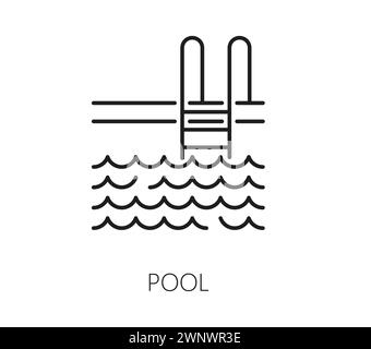Icône de dessin au trait immobilier avec piscine. Propriété immobilière, symbole de contour de marché de loyer, société de vente de logement ou service de prêt de maison signe vectoriel mince de ligne ou pictogramme avec échelle de piscine de maison Illustration de Vecteur
