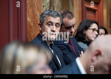 Versailles, France. 04 mars 2024. Le ministre français de l'intérieur Gerald Darmanin lors de la convocation d'un congrès des deux chambres du parlement à Versailles, au sud-ouest de Paris, le 4 mars 2024, pour ancrer le droit à l'avortement dans la constitution du pays. Photo par Eliot Blondet/ABACAPRESS.COM crédit : Abaca Press/Alamy Live News Banque D'Images