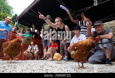 04/08/19 ÔEggsÕit de cette façon - les concurrents donnent des directions frénétiques à leurs poulets sur la ligne de départ. Des centaines de spectateurs regardent les concurrents RA Banque D'Images