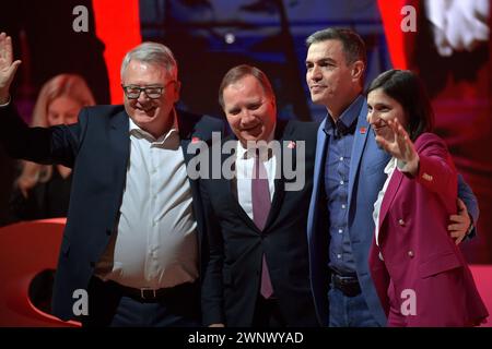 Rome, Italien. 02 mars 2024. Le PSE désigné candidat commun Nicolas Schmit, le leader du Parti démocratique italien (PD) Elly Schlein e Pedro Sánchez premier ministre espagnol, parti SD, mette Frederiksen lors du congrès électoral du Parti socialiste européen (PSE) en prévision des prochaines élections européennes de 2024, le 2 mars, 2024 à Rome crédit : dpa/Alamy Live News Banque D'Images