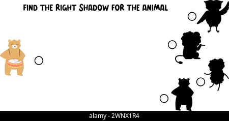 Trouvez le bon jeu d'ombre. Ours avec tambour et autres silhouettes d'animaux. Illustration de Vecteur