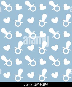 Modèle sans couture de vecteur de sucette plate de bébé et silhouette de coeurs isolé sur fond bleu Illustration de Vecteur