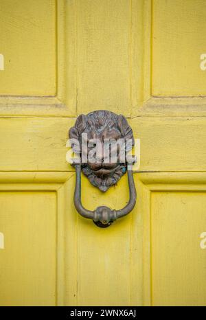 frappeur de porte antique sous la forme d'un masque de lion à tête de lion avec une porte géorgienne peinte en jaune. Banque D'Images