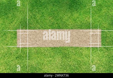 Vue de dessus directe de la disposition d'un terrain de cricket. Vue de dessus directe de la disposition d'un terrain de cricket. Rendu 3D. Banque D'Images