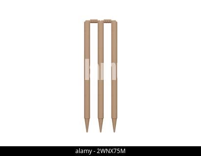 Balle de cricket frappant des souches de guichet frapper des bails sur fond de ciel bleu. Les balles volent des souches de cricket lorsque la balle frappe sur le terrain d'herbe. Gros plan Banque D'Images