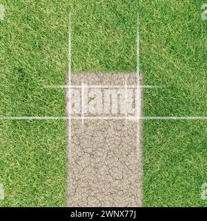 Vue de dessus directe de la disposition d'un terrain de cricket. Vue de dessus directe de la disposition d'un terrain de cricket. Rendu 3D. Banque D'Images