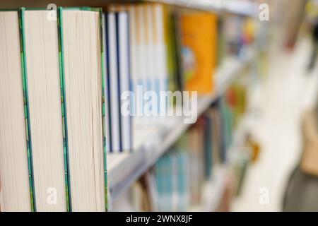 Rangées de différents livres sur les étagères de la librairie urbaine moderne Banque D'Images