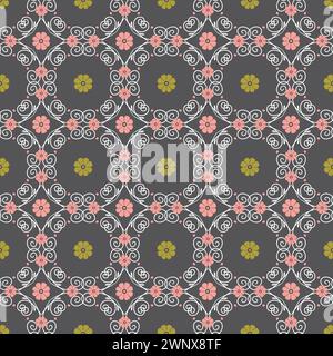 Modèle sans couture avec des tourbillons blancs et de petites fleurs sur fond gris foncé Illustration de Vecteur