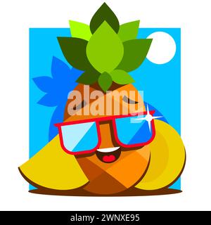 Fond vectoriel drôle avec ananas dans des verres, bulle de discours et texte écrit à la main Hello Summer. Carte d'été dessinée à la main. Illustration de Vecteur
