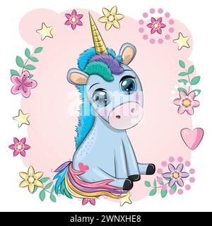 Poney bleu licorne assis. Carte de bébé mignonne, bébé avec de grands yeux. Illustration de Vecteur