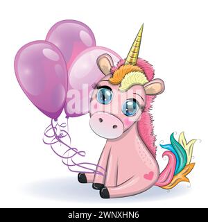 Poney licorne rose assis. Carte bébé mignon, bébé avec de grands yeux. Illustration de Vecteur