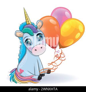 Poney bleu licorne assis. Carte de bébé mignonne, bébé avec de grands yeux. Illustration de Vecteur
