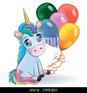 Poney bleu licorne assis. Carte de bébé mignonne, bébé avec de grands yeux. Illustration de Vecteur