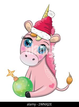 Joli dessin animé unicorn en chapeau de père noël avec cadeau, boule de noël, bonbon kane. Nouvel an et vacances de Noël. Illustration de Vecteur