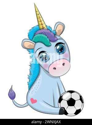 Adorable dessin animé unicorn avec ballon de football, été, jeux pour enfants, club. Illustration de Vecteur
