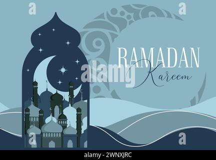Modèle de carte de voeux de vecteur Ramadan Kareem. Bannière de médias sociaux, Poster Ramadan Layout Crescent Moon, Fanoos, Mosquée Dome et Arches. Illustration de Vecteur