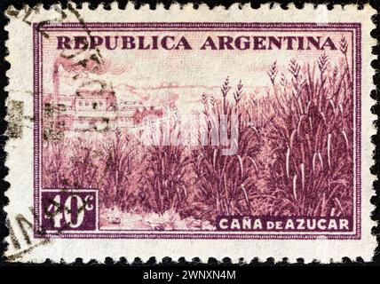 ARGENTINE - VERS 1936 : un timbre imprimé en Argentine à partir de l'émission "production et industrie" montre la canne à sucre et l'usine Banque D'Images