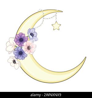 Croissant de lune décoré de fleurs, feuilles anémone, pivoine, magnolia, violette, un beau bouquet Illustration de Vecteur