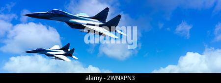 Deux avions de chasse militaires en vol, capturés dans le cadre vibrant d'un ciel bleu parsemé de nuages, mettant en valeur les prouesses aériennes. Banque D'Images