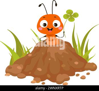 Jolie fourmi de dessin animé regardant de la colline au sol. Insecte drôle sur une colline de fourmi avec une plante verte. Nature forêt ou caractère de jardin, de nos jours modèle d'impression vectorielle Illustration de Vecteur