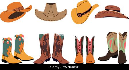Chapeaux et bottes de cow-boy. Botte isolée, accessoires décoratifs de mode cowgirl et chaussures. Conception d'éléments de l'ouest sauvage, ensemble de vecteur décent de dessin animé Illustration de Vecteur
