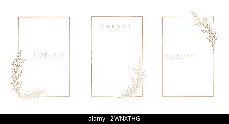Ensemble de modèles de cadre dans un style linéaire minimal avec des branches et des feuilles dessinées à la main. Cadre élégant. Illustration vectorielle botanique pour étiquettes, corporative Illustration de Vecteur