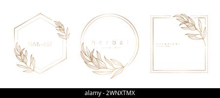 Ensemble de modèles de cadre dans un style linéaire minimal avec des branches et des feuilles dessinées à la main. Cadre élégant. Illustration vectorielle botanique pour étiquettes, corporative Illustration de Vecteur