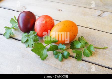 Gros plan d'oeufs colorés de Pâques sur fond en bois. Trois œufs de poule durs avec coquilles rouges, oranges et brunes, teints avec de l'écorce d'oignon. Vert frais Banque D'Images