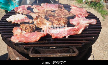 Steaks de porc juteux grillés dans des charbons brûlants sur un barbecue. Croûte croustillante. Steak savoureux avec du sang et des lanières frites. Morceaux frits et crus prêts Banque D'Images