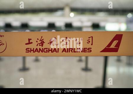 HONG KONG, CHINE - 4 DÉCEMBRE 2023 : gros plan de la barrière de ceinture rétractable vue dans la zone d'enregistrement de l'aéroport international de Hong Kong. Banque D'Images