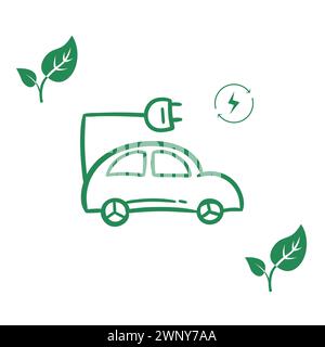 Une voiture électrique sur fond blanc, avec des feuilles vertes pour montrer son éco-respect et un panneau de recharge montrant la nature renouvelable de son carburant. Illustration de Vecteur