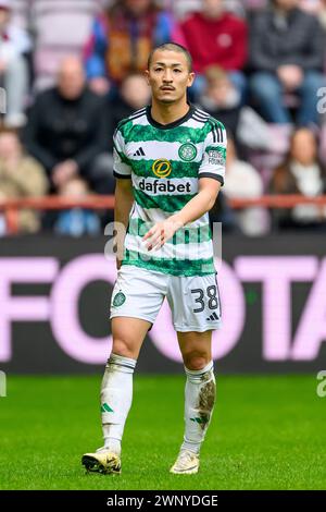 Daizen Maeda du Celtic, joueur japonais en action lors du Cinch Scottish Premiership match entre Heart of Midlothian et Celtic au Tynecastle Park, à Édimbourg, en Écosse, le 3 mars 2024. Banque D'Images