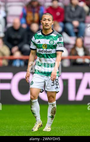 Daizen Maeda du Celtic, joueur japonais en action lors du Cinch Scottish Premiership match entre Heart of Midlothian et Celtic au Tynecastle Park, à Édimbourg, en Écosse, le 3 mars 2024. Banque D'Images