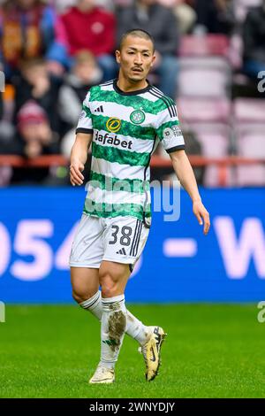 Daizen Maeda du Celtic, joueur japonais en action lors du Cinch Scottish Premiership match entre Heart of Midlothian et Celtic au Tynecastle Park, à Édimbourg, en Écosse, le 3 mars 2024. Banque D'Images