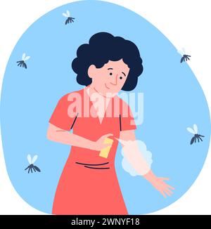 Fille utilisant un spray anti-moustique. À l'abri des maladies et des piqûres, la femme repousse les moustiques. Problème saisonnier extérieur, insectes volants scène vectorielle récente Illustration de Vecteur