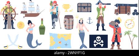 Pirates et sirènes. Voleurs de mer, roi de sirène d'océan, rhum et bateau pirate et drapeau. Conquérants des mers, acteurs de théâtre en costumes, vecteur récent Illustration de Vecteur