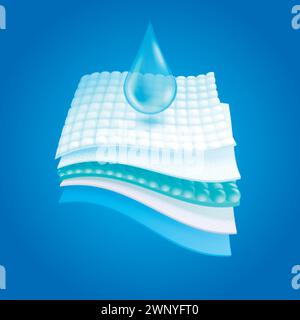 Couche pour couche-culotte. Couche absorbante feuille de tissu, matelas en couches de concept d'absorption d'eau ou couches médicales, illustration vectorielle 3d macro textile de protection contre l'humidité de la protection du matériau de couche absorbante Illustration de Vecteur