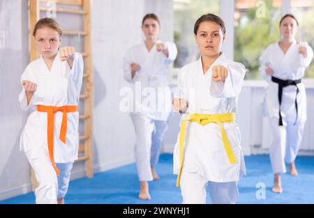 Karatéka adolescent pratiquant les coups de poing pendant le kata à l'entraînement de groupe Banque D'Images