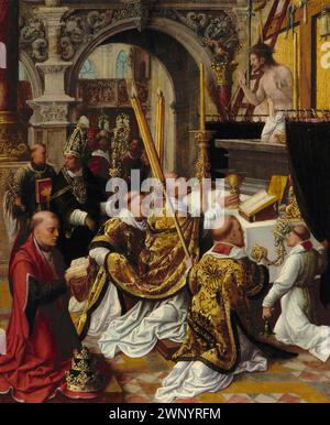 La messe de Saint Grégoire le Grand par Adriaen Ysenbrandt. Le pape Grégoire Ier (aussi connu sous le nom de Saint Grégoire le Grand) qui a été pontife de AD590 à AD604. Il était le 64e pape. C'est lui qui a introduit le chant simple connu sous le nom de chant grégorien. Banque D'Images