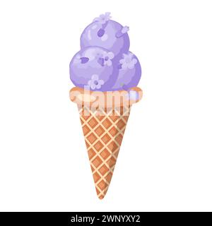 Crème glacée à la lavande. Trois boules de dessert sucré crémeux dans un cône de gaufre. Sorbet violet. Illustration vectorielle isolée sur blanc Illustration de Vecteur