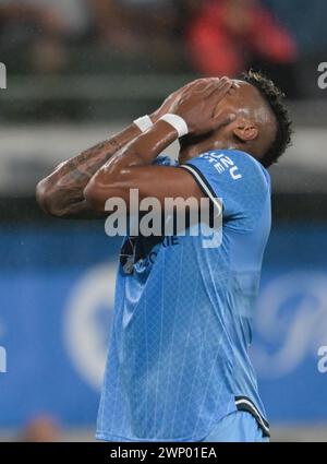 Parramatta, Australie. 02 mars 2024. Fábio L'équipe du Gomes of Sydney FC réagit lors du match 19 de la ronde de saison 2023/24 d'Isuzu Ute A-League entre le Western Sydney Wanderers FC et le Sydney FC qui s'est tenu au CommBank Stadium. Score final Sydney FC 4:1 Western Sydney Wanderers. Crédit : SOPA images Limited/Alamy Live News Banque D'Images