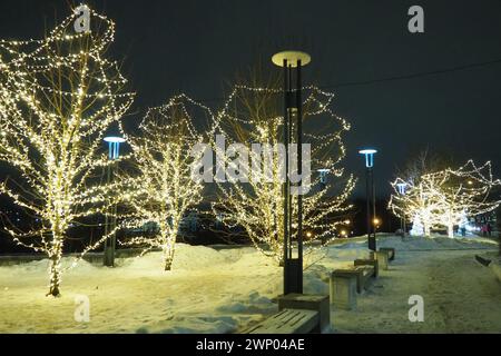 Rue de nuit du nouvel an ou de la ville de Noël. Les neiges. Design d'éclairage d'arbre. Guirlandes enroulées du tronc et des branches. Décorations de Noël LED Banque D'Images